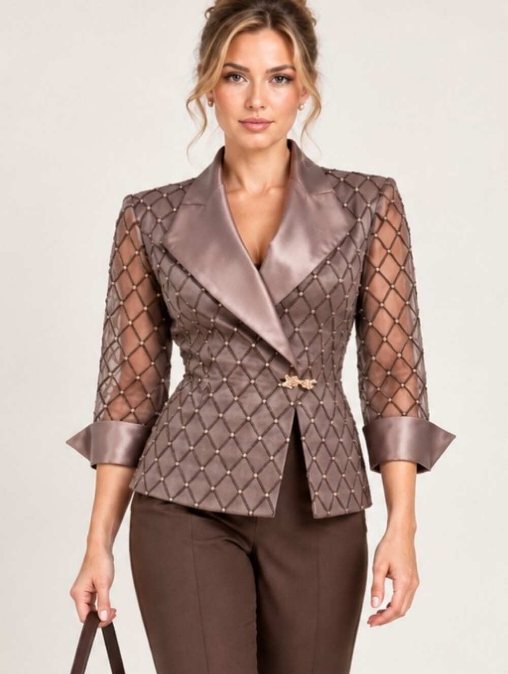 Bronze Diamond Print Beaded Jacket | Satin Collar & Cuffs | Rhinestone Closure
